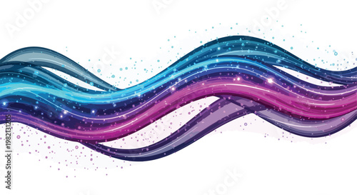 Abstract Blue and Purple Glowing Waves with Sparkling Light Particles on White Background