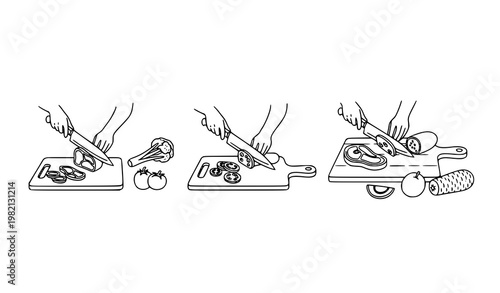 Food preparation sequence line art vector slicing meat vegetables fruits on cutting boards