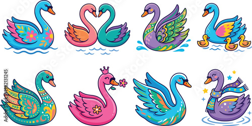 Colorful swan cartoon set featuring decorative birds, romantic couples, cute water animals with ornamental patterns in vibrant flat vector illustration style