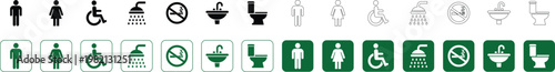 Public restroom and bathroom facilities outline and solid icon set on a green background: male, female, disabled, shower, no smoking, sink, toilet.