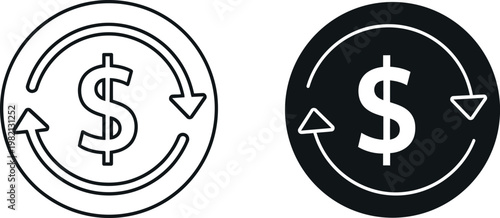 Currency exchange icon set line art and solid fill variations