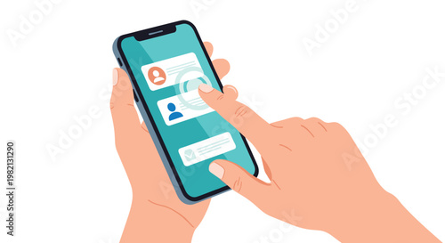 Person using finger to scroll through contact list on smartphone screen with profile icons and message bubbles.