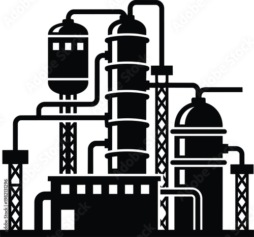 Industrial refinery silhouette with tanks pipes towers in black and white vector art