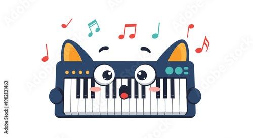 Adorable blue electronic keyboard character with cat ears and a blushing face playing musical notes in the air.