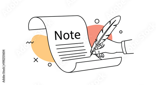Elegant line drawing of a hand holding a quill pen and writing on a parchment scroll labeled with the word Note.