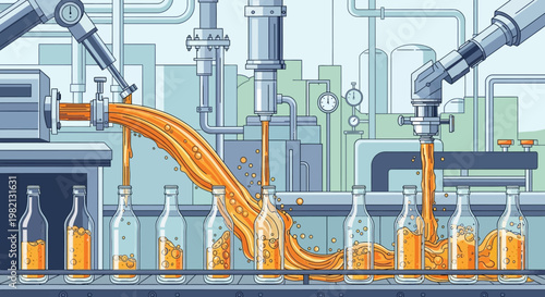 Robotic arms fill bottles with orange liquid on an industrial production line in a factory.