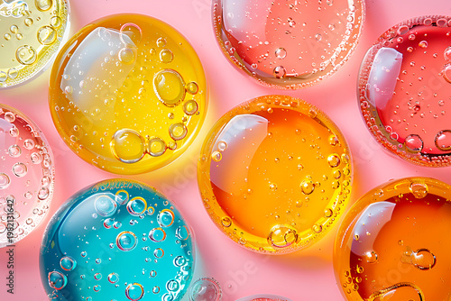 Colorful oil bubbles forming circular patterns with iridescent reflections, creating an abstract and vibrant texture ideal for backgrounds