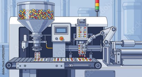 A machine efficiently packages colorful pills on a production line in an industrial setting.