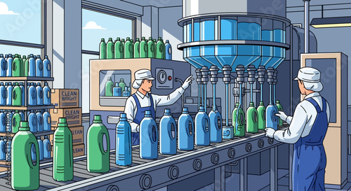 Workers on production line filling and packing blue bottles in factory