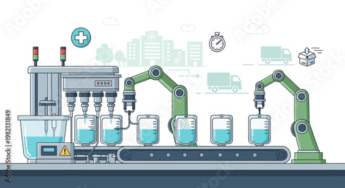 Robotic arms assemble industrial equipment on a production line in a factory.