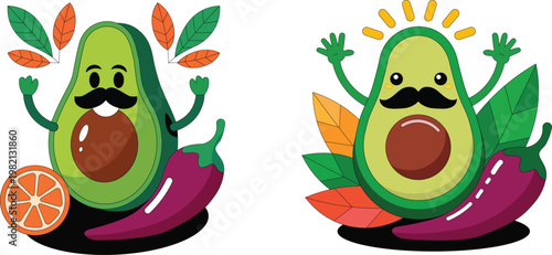 Cute Avocado Cinco de Mayo Character Set Vector Illustration