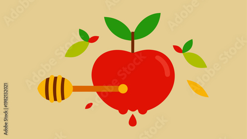 Fresh red apple with honey dipper and drizzled honey