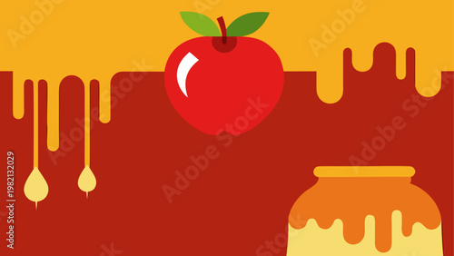Fresh red apple and jar of caramel sauce on a dessert background