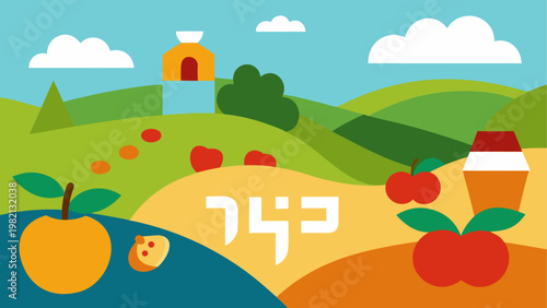 Colorful illustration of fruits and vegetables with a windmill