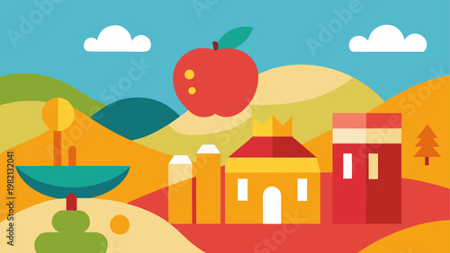 Colorful illustration of fruits and a house in a sunny landscape