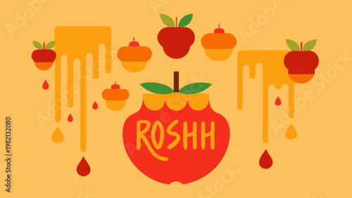 Fresh ripe strawberries and tomato with green leaves illustration