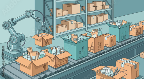 A robotic arm sorts boxes on a conveyor belt in a factory warehouse with shelves stacked with goods.
