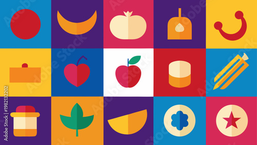 Colorful collection of fresh fruits and vegetables in a grid layout