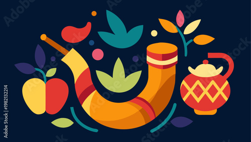 Vibrant illustration of a pumpkin and autumn fruits with a cat silhouette