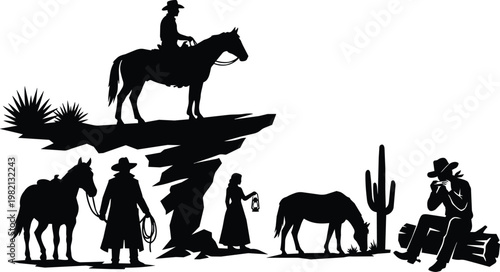 Western silhouette cowboys horses woman with lantern on desert cliff