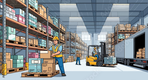 Workers unload boxes from truck in large warehouse with shelves and forklift