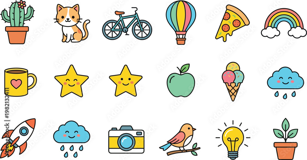 Fototapeta premium Cute doodle icon set featuring everyday objects, animals, food, weather, and fun lifestyle elements in colorful hand drawn flat vector illustration style