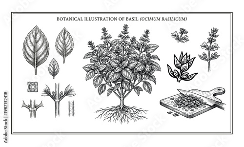 Botanical illustration of basil ocimum basilicum, hand drawn vector elements set.