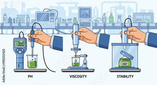 Scientists conducting experiments measuring pH, viscosity, and stability in a laboratory setting with various equipment.