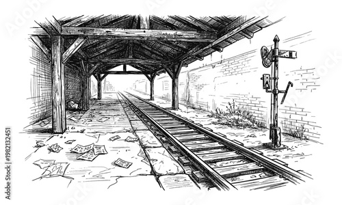 Old abandoned railway station platform and tracks, hand drawn vector illustration sketch.