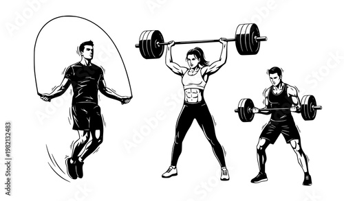 Fitness Workout Silhouettes Set Jump Rope Barbell Lifting Gym Training Vector
