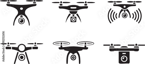drone silhouettes aerial camera icons vector illustration set