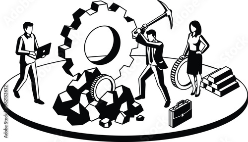 Black and white vector gear mining scene with businessman swinging pickaxe and colleagues