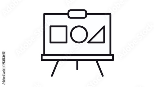 Minimalist black vector icon of a presentation whiteboard on an easel featuring basic geometric shapes like a square, circle, and triangle, perfect for education, teaching, and business concepts.