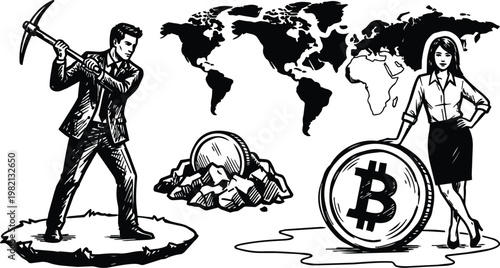 Black and white line art businessman mining bitcoin woman leaning on coin world map background
