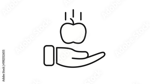 Minimalist black line art vector icon of an apple falling into an open hand, symbolizing gravity, Isaac Newton's scientific discovery, physics, healthy eating, and nature. Scalable illustration.
