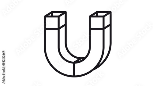 Horseshoe Magnet Vector Icon: Minimalist 3D Line Art Illustration of a U-Shaped Magnet Symbol for Physics, Science, and Attraction Concepts, Isolated on White Background.