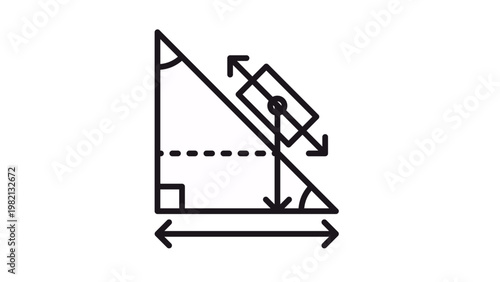 Physics inclined plane vector icon, block on a ramp with force arrows representing gravity, friction, and normal force, educational science diagram illustration, minimalist black silhouette.