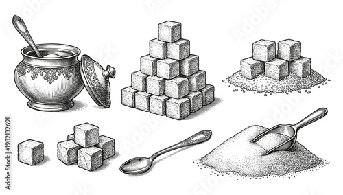 Vintage sugar bowl with spoon and cubes stack vector illustration engraving style.
