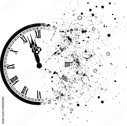 A clock face disintegrating into particles and dust