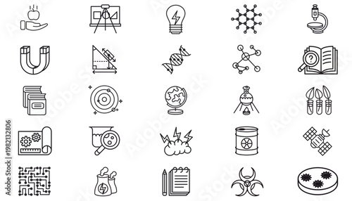 Science and Education Vector Icon Set: 25 Black Minimalist Symbols for Physics, Chemistry, Biology, Technology, and Engineering. Includes DNA, Microscope, Laboratory Flask, and Nuclear Power Plant.