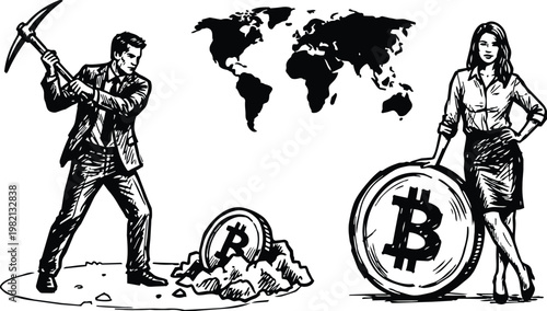 Black and white line art businessman mining bitcoin while woman leans on large coin and world map