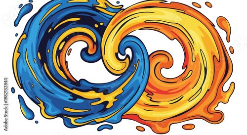 Vibrant blue and orange swirling liquids merge in a dynamic abstract illustration.
