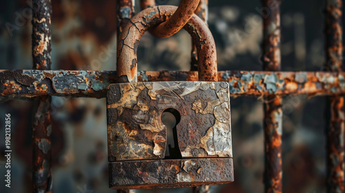 Rusty padlock hanging on weathered metal gate with flaking paint  