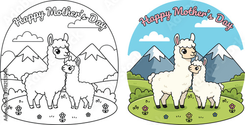 Mother’s Day llama mother and baby standing in mountain landscape cute cartoon