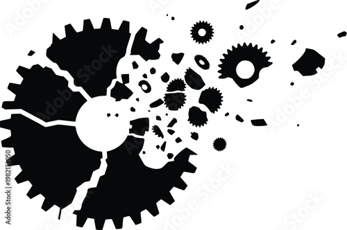 A broken gear wheel with shattered pieces flying apart in black and white