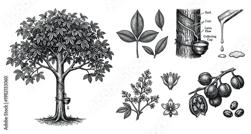 Rubber tree tapping for latex sap vector illustration engraving style.