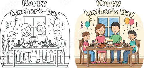 Mother’s Day family dinner celebration with mom and kids at table cute cartoon