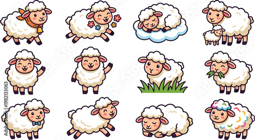 Cute sheep cartoon set featuring fluffy lambs, farm animals, playful poses, adorable rural characters in colorful flat vector illustration style