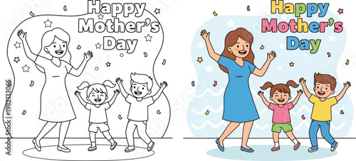 Mother’s Day mom celebrating with kids dancing together cute family cartoon vector