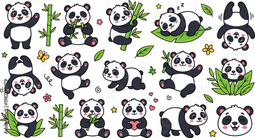 Cute panda cartoon set featuring playful bamboo eating bears, adorable characters, different poses in colorful flat vector illustration style